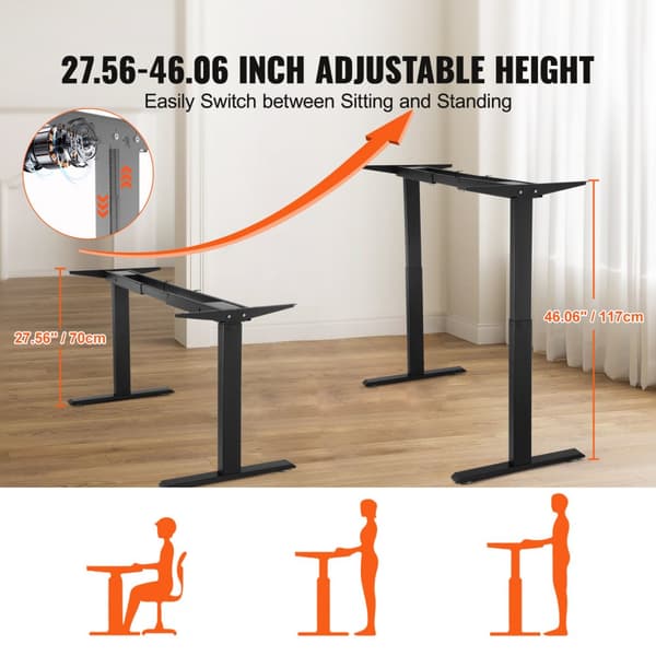 Elektrisk hæve/sænke skrivebordsramme med dobbeltmotor, justerbar 70-117 cm, sort finish.
