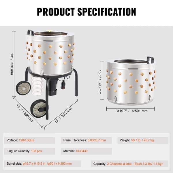 Kyllingplukker Maskin Federplukker Rostfri ståltrumma 280RPM Motor
