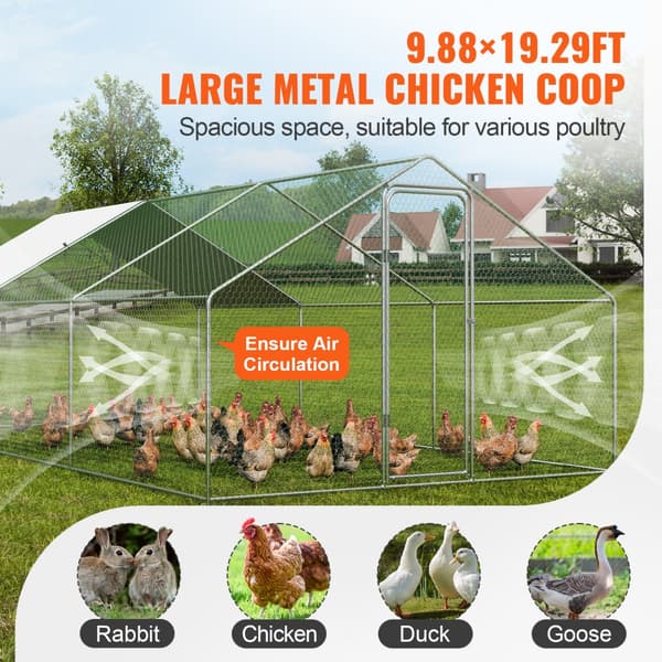 Stort metal hønsehus (9,8x19,3x6,5 fod) med overdækning og sikkerhedslås - perfekt til gård, have og fjerkræ!