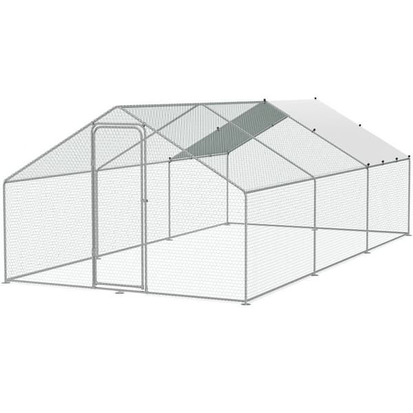 Stort metal hønsehus (9,8x19,3x6,5 fod) med overdækning og sikkerhedslås - perfekt til gård, have og fjerkræ!