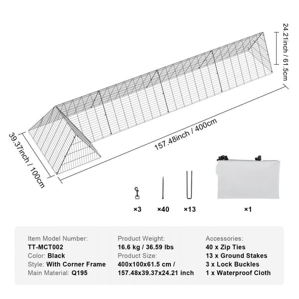 Kanatunnelit 157,5 x 39,4 x 24,2 tuumaa pihalle, kannettavat ulkotunnelit kanoille, ankoille ja kaneille.
