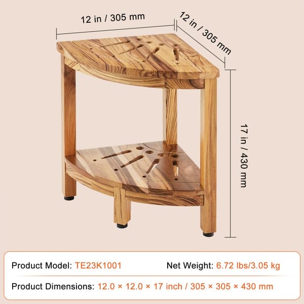 Kulmasuihkupenkki, 17" korkeus, 12" säde, 100% tiikkipuuta, homeenkestävä, 300 LBS hyllyllä, sisä- ja ulkokäyttöön.
