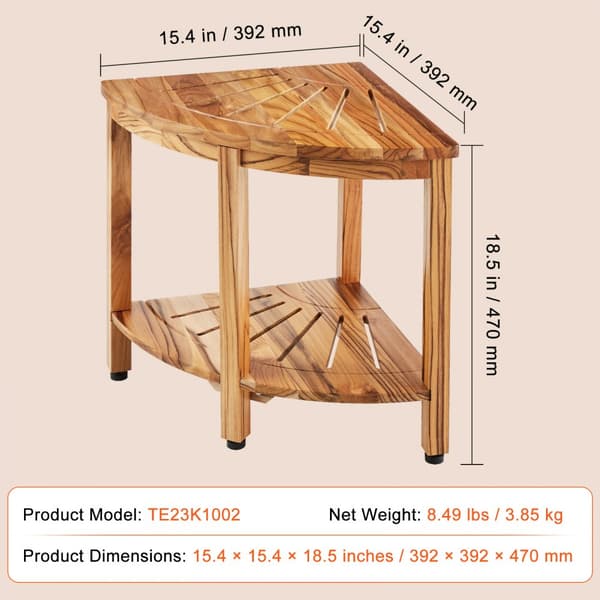 Hjørne teak brusebænk, 18,5" højde, 15,5" radius. 100% skimmelbestandigt teaktræ. Bæreevne: 500 LBS. Perfekt til badeværelse og udendørs brug.