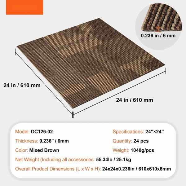 Genanvendelige tæppefliser, 24" x 24", med polstring. Bløde, nemme at installere til stue og soveværelse (24 fliser, blandet brun).