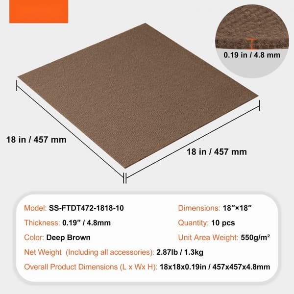 Tæppefliser på 18"x18", selvklæbende og bløde, nemme at installere. Ideelle til soveværelse eller stue (10 stk, mørkebrun).