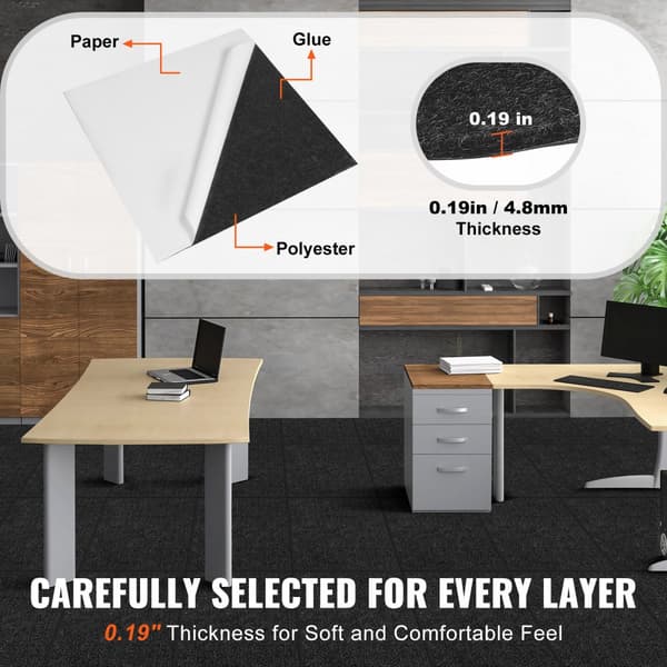 Tæppefliser 24"x24" selvklæbende, bløde og nemme at installere. Perfekte til soveværelse og stue (15 fliser, kulsort).
