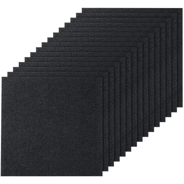 Tæppefliser 24"x24" selvklæbende, bløde og nemme at installere. Perfekte til soveværelse og stue (15 fliser, kulsort).