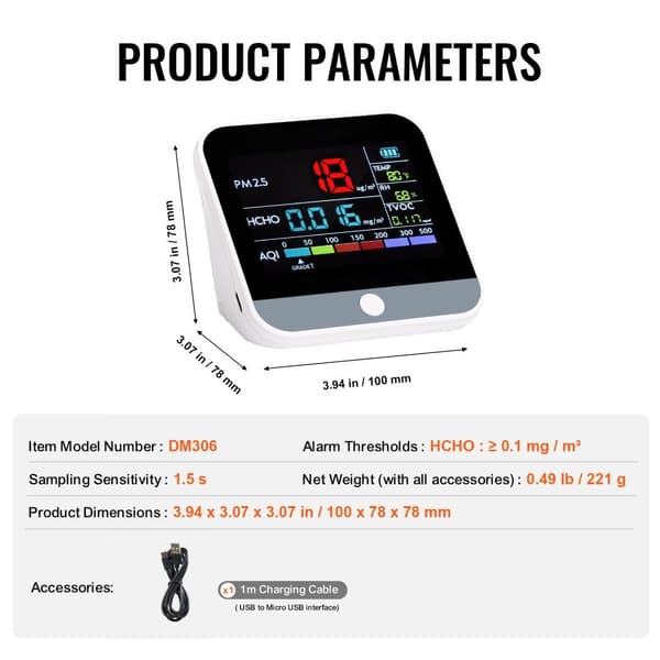 8-IN-1 Mini ilmanlaadun mittari PM1.0/2.5/10 HCHO TVOC testauslaite