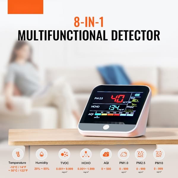 8-IN-1 Mini ilmanlaadun mittari PM1.0/2.5/10 HCHO TVOC testauslaite