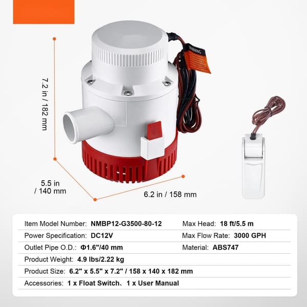 Länspump 3000GPH 12V automatisk dränkbar med flottör, 1,6" utloppsdiameter för båt, dammar och källare.