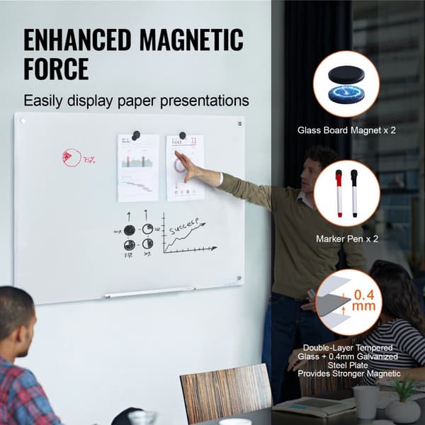 Magneettinen kuivapyyhkimistaulu 48"x32", seinälle kiinnitettävä valkoinen lasilevy, kehyksetön, mukana 2 tussilla.