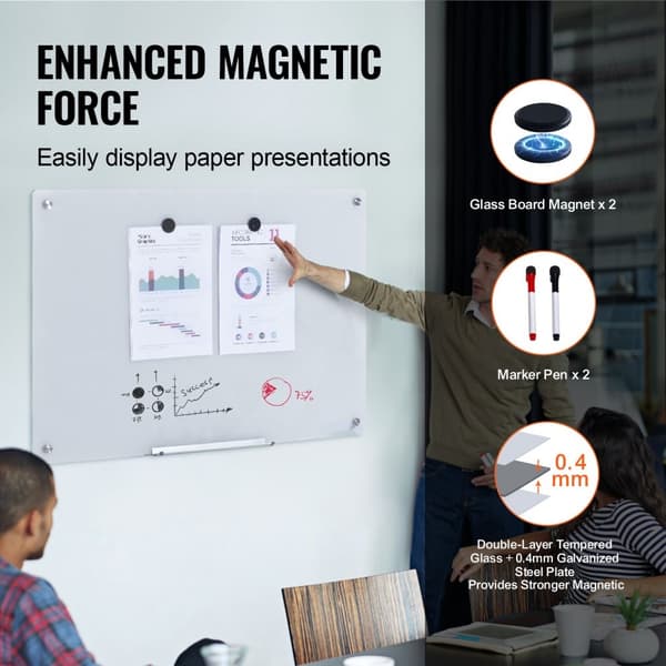 Magnetisk glas whiteboard, tør erase 36"x24", vægmonteret hvid glasplade uden ramme, inkl. markørbakke, viskelæder og 2 markører.