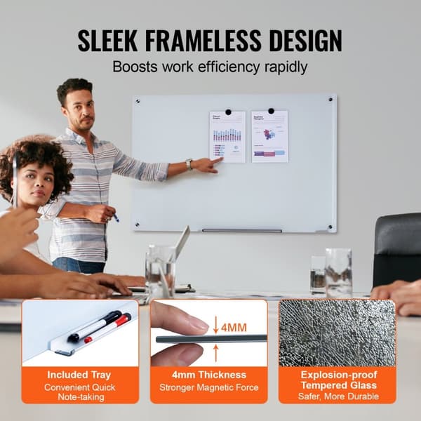 Magnetisk glas whiteboard, tør erase 36"x24", vægmonteret hvid glasplade uden ramme, inkl. markørbakke, viskelæder og 2 markører.