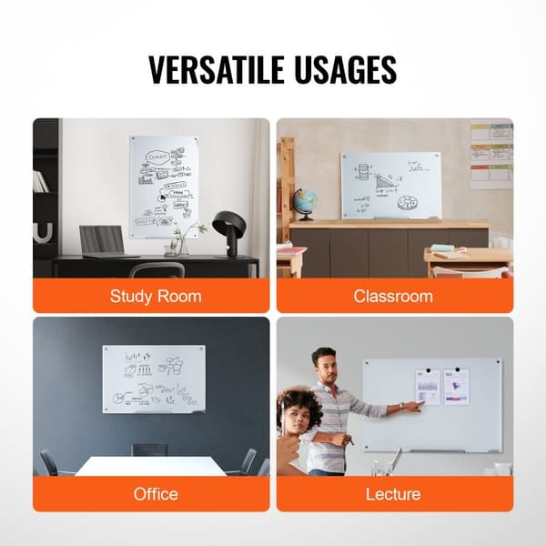 Magnetisk glas whiteboard, tør erase 36"x24", vægmonteret hvid glasplade uden ramme, inkl. markørbakke, viskelæder og 2 markører.