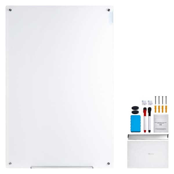 Magnetisk glas whiteboard, tør erase 36"x24", vægmonteret hvid glasplade uden ramme, inkl. markørbakke, viskelæder og 2 markører.
