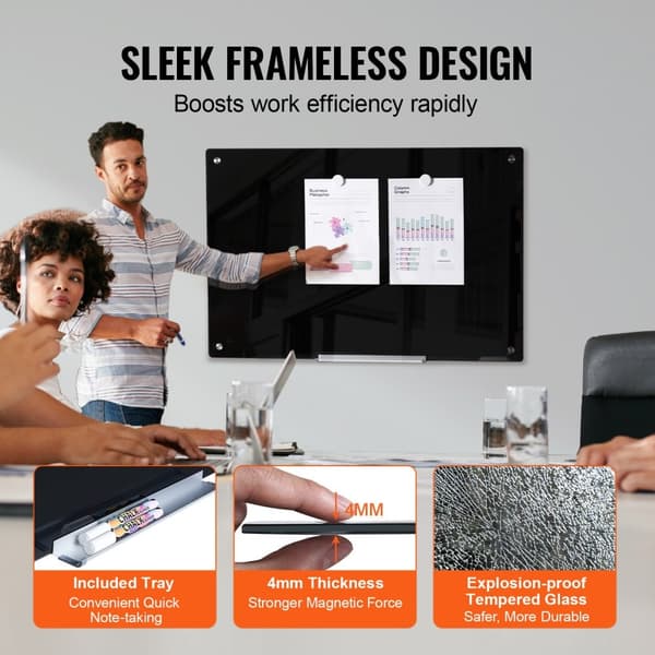Magnetisk glas whiteboard 36"x24", vægmonteret hvid glasplade, uden ramme, med markeringsbakke, viskelæder og 2 markører, sort.