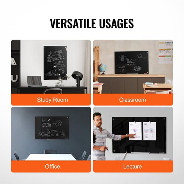 Magnetisk glas whiteboard 36"x24", vægmonteret hvid glasplade, uden ramme, med markeringsbakke, viskelæder og 2 markører, sort.