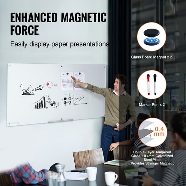 Magnetisk glas whiteboard 72"x36", vægmonteret, uden ramme. Inkluderer markeringsbakke, viskelæder og 2 markører. Perfekt til kontoret!