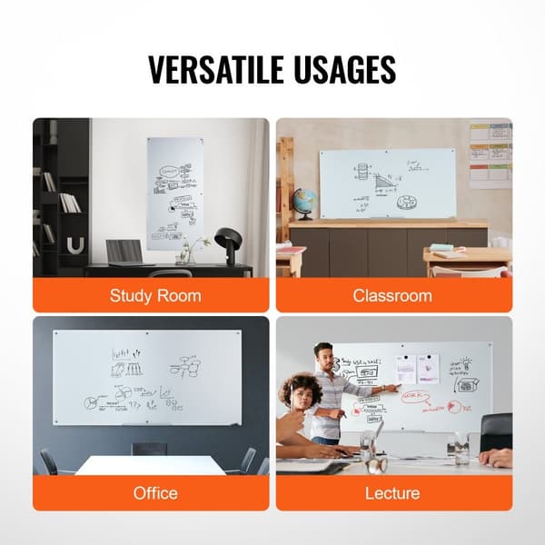 Magnetisk glas whiteboard 72"x36", vægmonteret, uden ramme. Inkluderer markeringsbakke, viskelæder og 2 markører. Perfekt til kontoret!