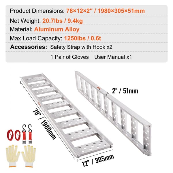 Aluminiumramper, 1250 lbs, rak ramp med slitbanor & lastremmar, bärbar för motorcyklar, ATV, lastbilar, 78"L x 12"W.
