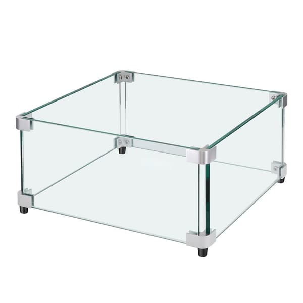 Kaunis nelikulmainen tuulisuoja kaasuliekki-pöydälle, 543 x 543 x 191 mm, 8 mm paksu karkaistu lasi.