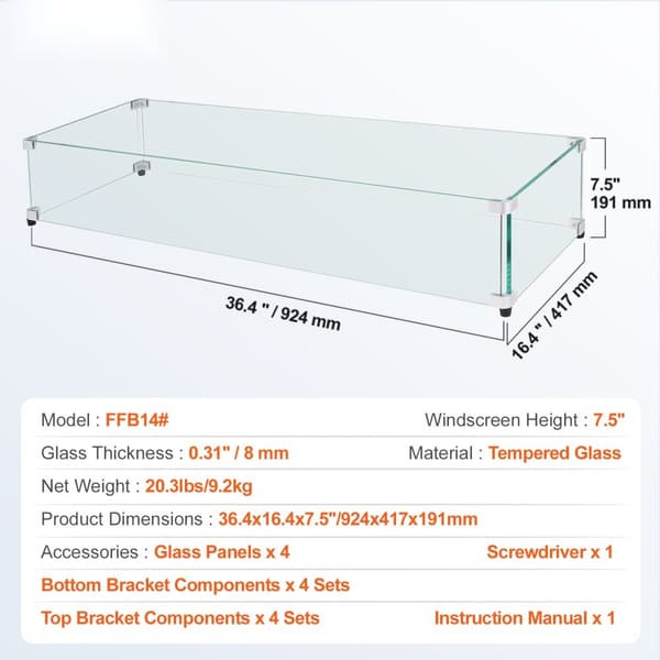 Glasafskærmning til bålbord (924 x 417 x 191 mm) med 8 mm hærdet glas, aluminiums hjørner og gummifødder. Nem at samle!