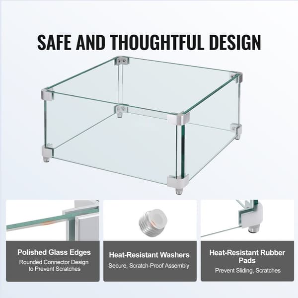 Gaspejs vindskærm til firkantet bålbord, 380 x 380 x 180 mm. Klart hærdet glas, holdbart design med hjørnebeslag og ben.