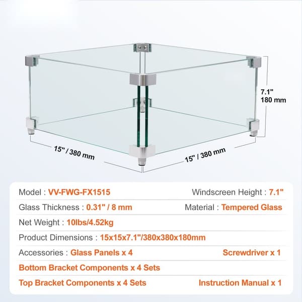 Gaspejs vindskærm til firkantet bålbord, 380 x 380 x 180 mm. Klart hærdet glas, holdbart design med hjørnebeslag og ben.