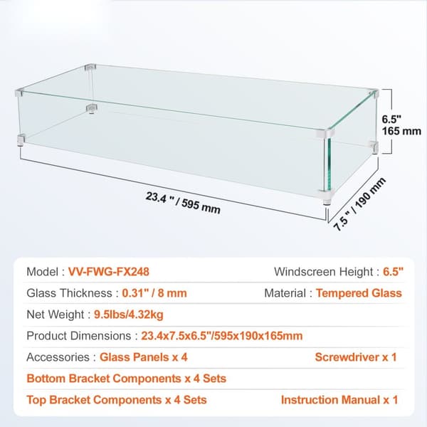 Gas ildsted vindskærm til firkantet brandbord, 595 x 190 x 165 mm. Klar hårdglasbeskyttelse, 8 mm tyk med hjørnebeslag og fod.
