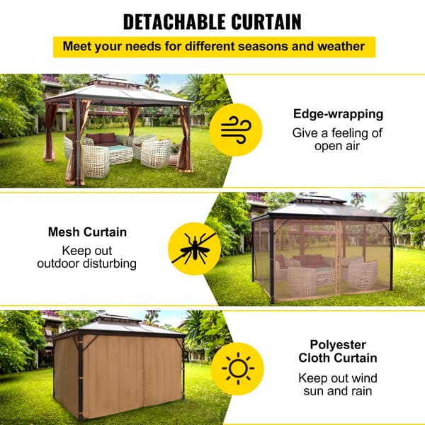 Uteplats Gazebo 10x12ft Hardtop med myggnät, utomhustält för trädgård, dubbel tak, brun baldakin.
