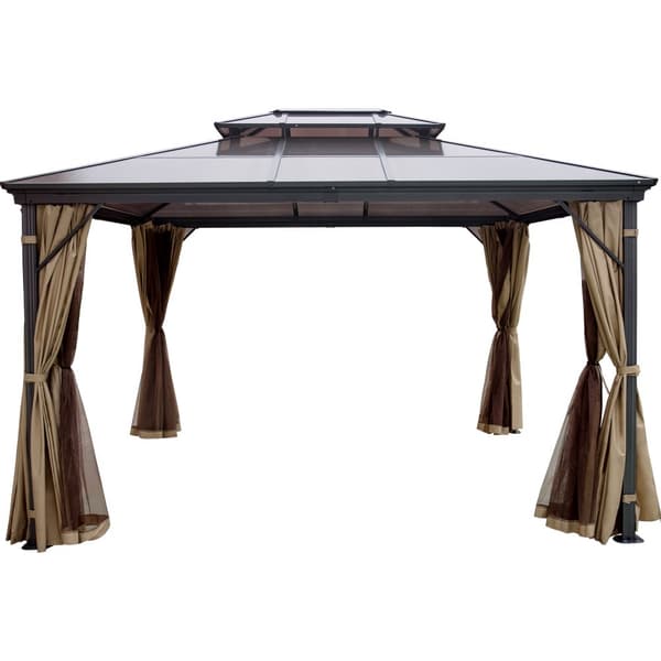 Uteplats Gazebo 10x12ft Hardtop med myggnät, utomhustält för trädgård, dubbel tak, brun baldakin.