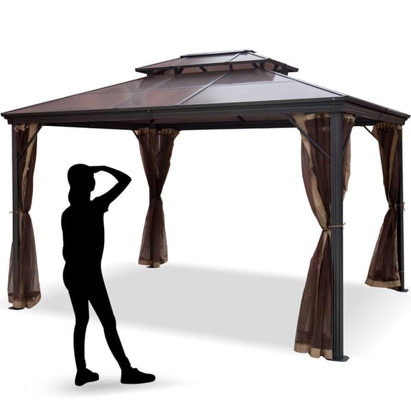 Patio Gazebo 10x12ft Hardtop Pavillon med myggenet til udendørs brug. Ideel til terrassen, haven eller plænen. Dobbeltlags tag og brun farve.