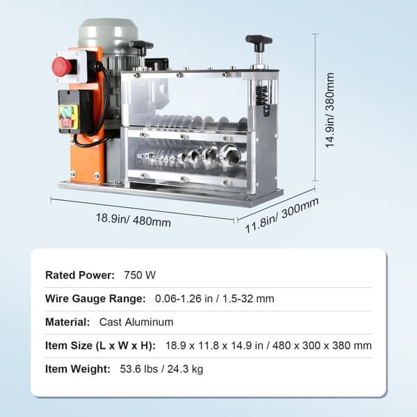Automaattinen kaapelin kuorimakone, 0,06"-1,57", 750 W moottori, 98 ft/min, 10 kanavaa kuparin kierrätykseen.