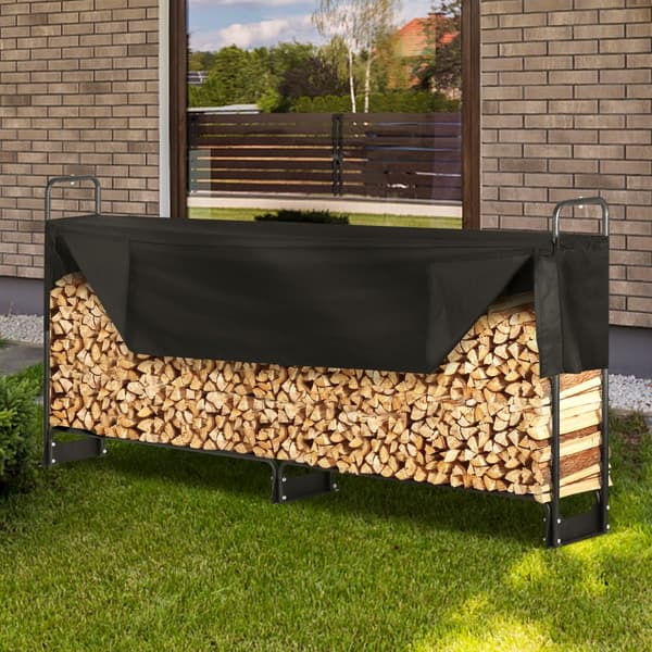 8,5 FT udendørs brændestativ med låg, 102x14,2x46,1 tommer. Robust holder & 600D vandtæt dæksel til pejs og gårdhave. Ideel til brænde.
