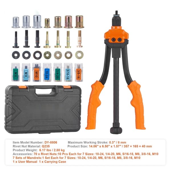 Nitmutterverktyg, 14” Rivnut Kit med 7 Metriska och SAE dorn, 70 Assorterade Nitmuttrar, Robust bärväska.
