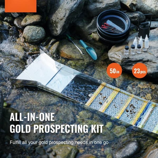 Gold Panderingskit med Sluice Box, 50" Aluminium Guldmine Udstyr, 23 dele inkl. Pandebakke, Klasse skærm, Magnet og rygsæk.