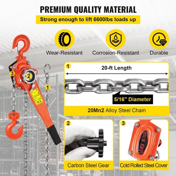 3T Chain Hoist manuaalinen vipuketjunostin 6M, 6600 lbs, 20 jalkaa. Liity vetopyörän hihnapyörään autotallissa!
