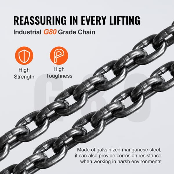 Manuel kædetalje, 1/2 ton (1100 lbs) kapacitet, 10 ft. G80 galvaniseret stål med dobbelt-bremse og 360° rotationskrog – ideel til garage og fabrik.