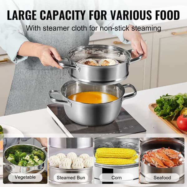 Steamer Gryde 24 cm med 5QT lagring og grøntsagsdamper i rustfrit stål. Perfekt til gas- og induktionskomfurer.