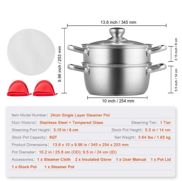 Steamer Gryde 24 cm med 5QT lagring og grøntsagsdamper i rustfrit stål. Perfekt til gas- og induktionskomfurer.