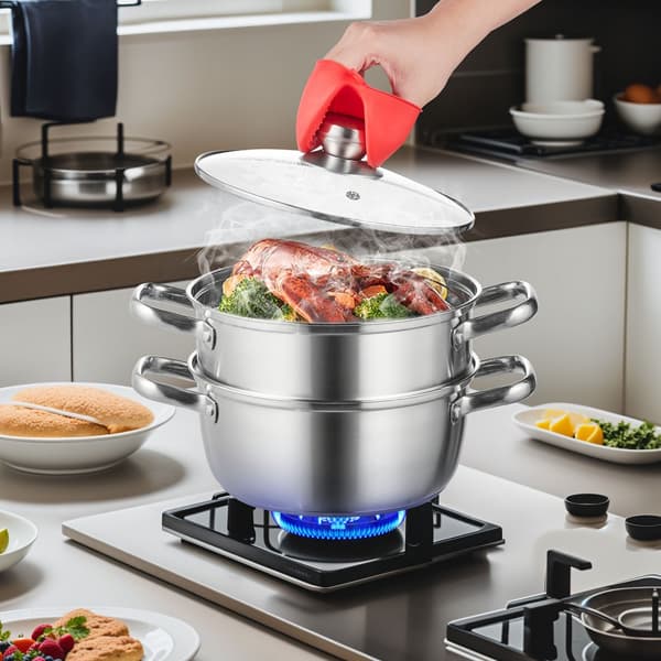 Steamer Gryde 24 cm med 5QT lagring og grøntsagsdamper i rustfrit stål. Perfekt til gas- og induktionskomfurer.