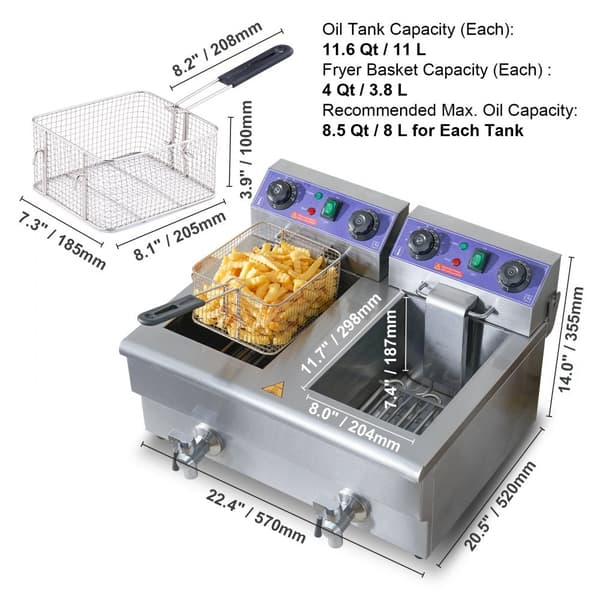 Kommersiell elektrisk fritös med bänkskiva och dubbla tankar, 6000W. Perfekt för effektiv matlagning!