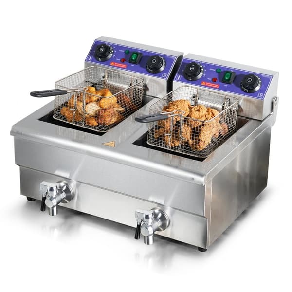 Kommersiell elektrisk fritös med bänkskiva och dubbla tankar, 6000W. Perfekt för effektiv matlagning!