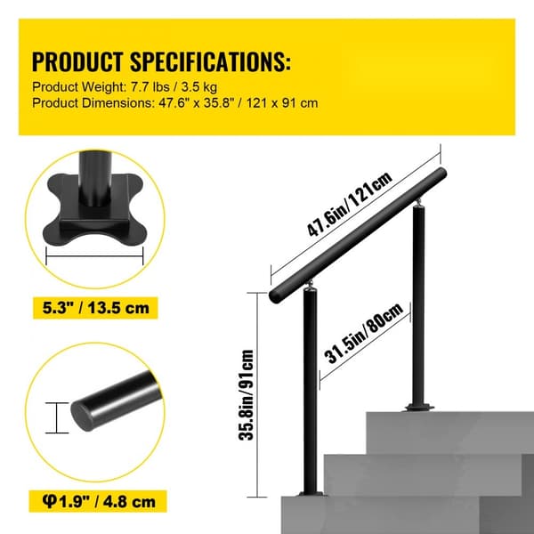 Udendørs trappegelænder, sort aluminium, 4 fod, 34 tommer, justerbart fra 0-60 grader - ideelt til haven og trapper.