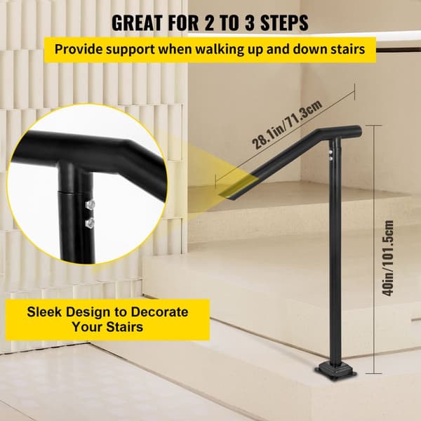 Ledstång, 1-3 steg svart stålräcke, 330 LBS kapacitet, metall ledstång för trappor med expansionsbultar och borr.