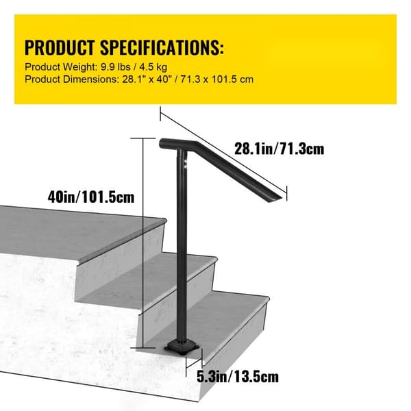 Ledstång, 1-3 steg svart stålräcke, 330 LBS kapacitet, metall ledstång för trappor med expansionsbultar och borr.