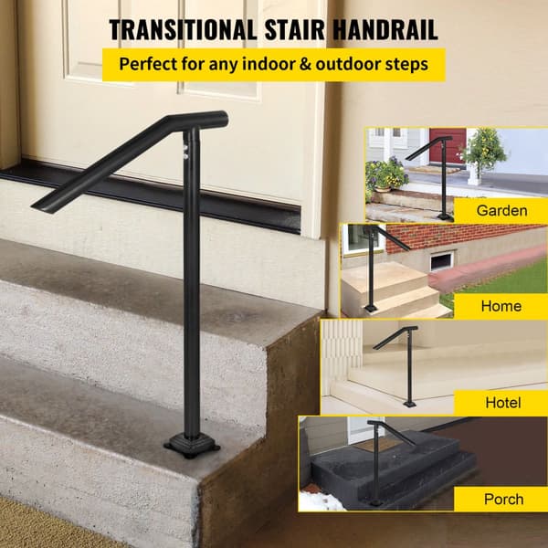 Ledstång, 1-3 steg svart stålräcke, 330 LBS kapacitet, metall ledstång för trappor med expansionsbultar och borr.