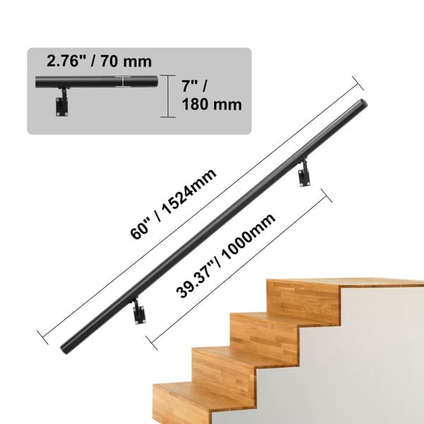 Ledstång Trappräcke, 5 fot, väggmonterad för inomhus, aluminiumlegering, installationssats, 440 LBS kapacitet.