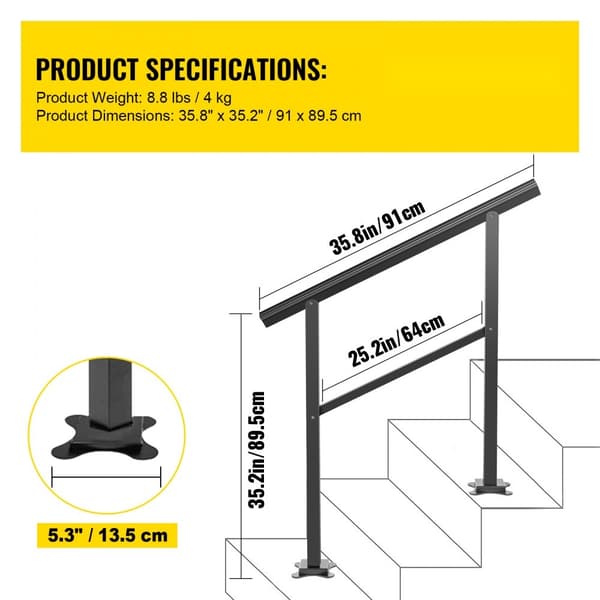 Utomhusräcke 165LBS, aluminiumtrappräcke 36x35", trapphandledare för 2-3 steg, passar övergångsområde 0-50°.
