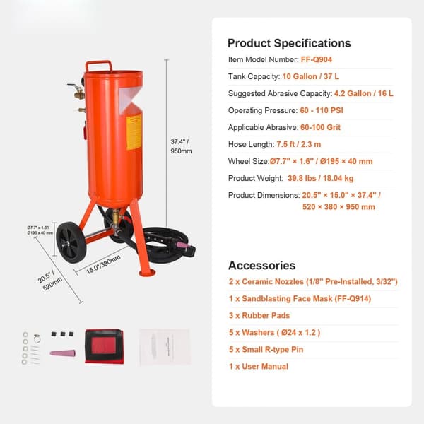 10 Gallon Tungt Sandblæser 60-110 PSI med 2 Dysser og 7,5 fod Slange - Effektivt værktøj til reparation og rengøring.